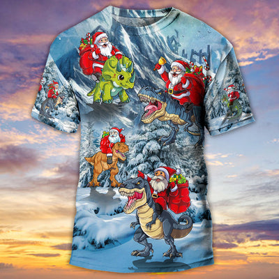 Christmas Santa Claus Riding Dinosaur Christmas Tree Gift Light Art Style - Round Neck T-shirt - Owls Matrix LTD