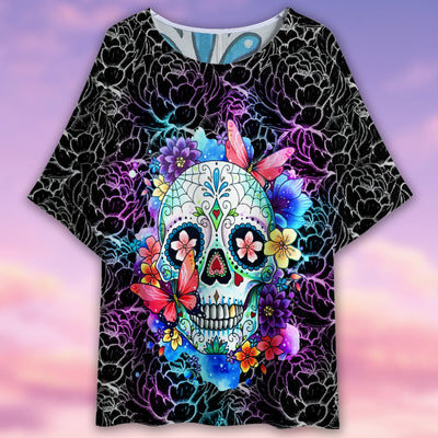 Sugar Skull Flower Pattern - Women's T-shirt With Bat Sleeve - Owls Matrix LTD