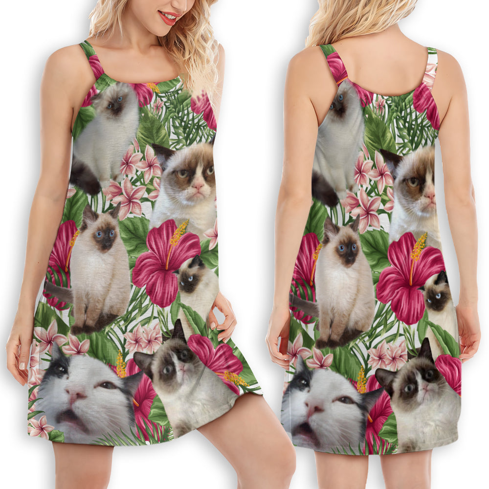 Cat Tropical Floral Lovely Siamese Cat - Women's Sleeveless Cami Dress - Owls Matrix LTD
