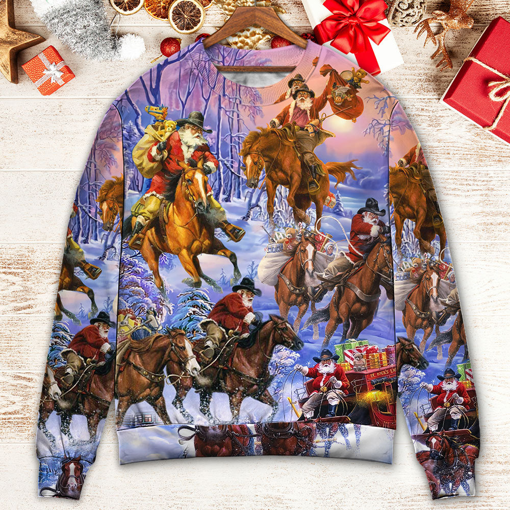 Christmas Santa And Horse Ho Ho Ho Everywhere Merry Xmas - Sweater - Ugly Christmas Sweaters - Owls Matrix LTD