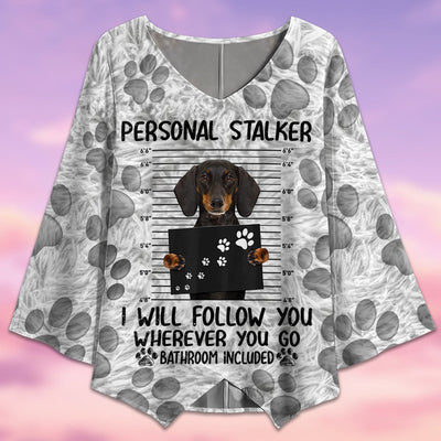 Dachshund Personal Stalker Style - V-neck T-shirt - Owls Matrix LTD