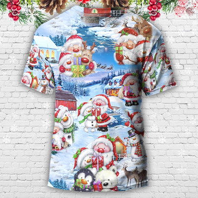 Santa And Snowman Christmas Holiday - Round Neck T-shirt - Owls Matrix LTD