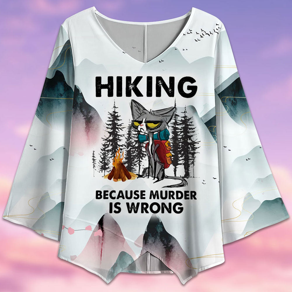 Cat Hiking Because Murder Is Wrong - V-neck T-shirt - Owls Matrix LTD