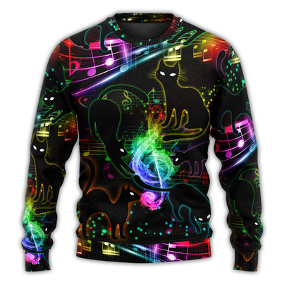 Christmas Sweater / S Black Cat The Magical Light Cats On Music Notes - Sweater - Ugly Christmas Sweaters - Owls Matrix LTD