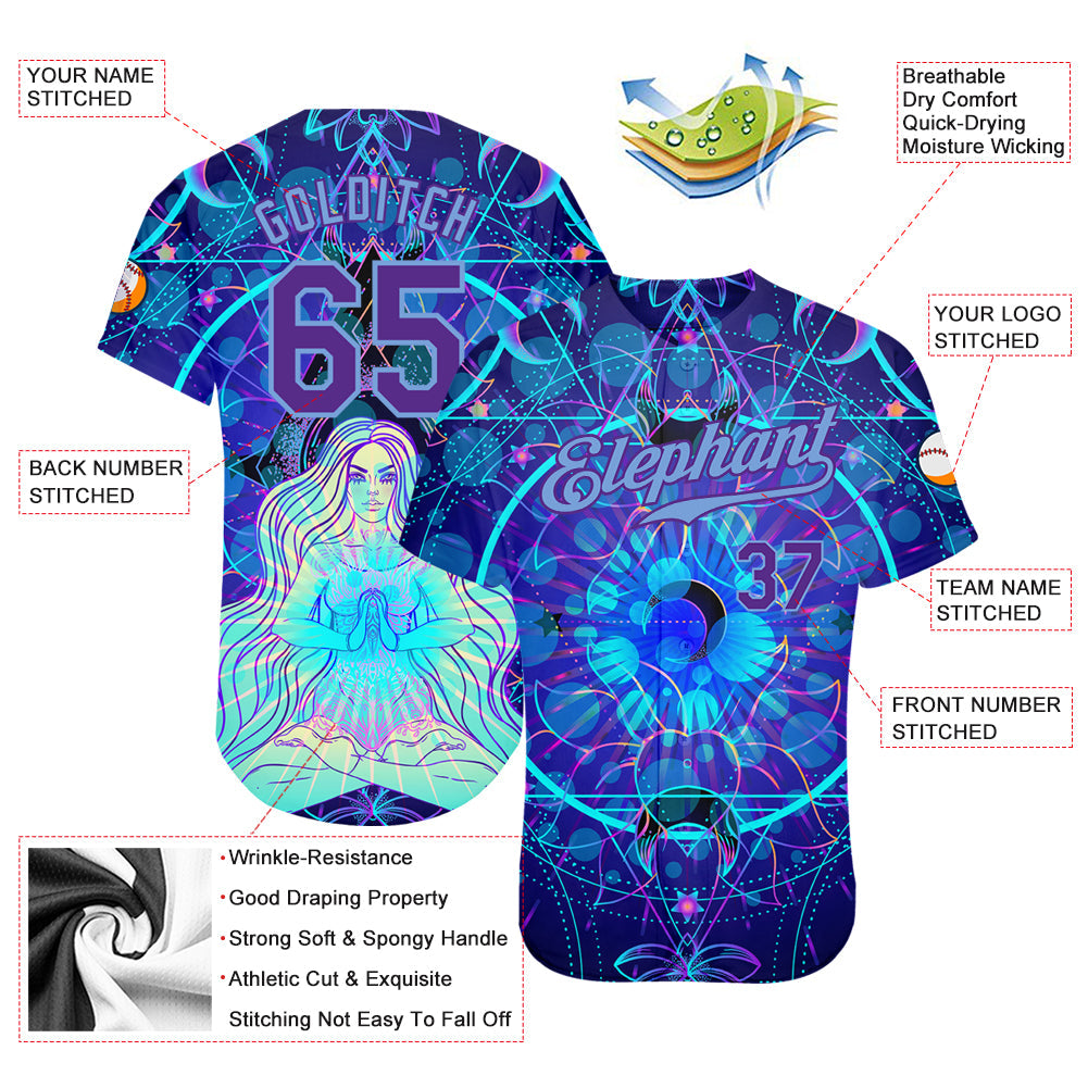 Custom 3D Pattern Design Magic Girl Sitting And Meditation In Lotus Position Over Geometry Psychedelic Hallucination Authentic Baseball Jersey - Owls Matrix LTD