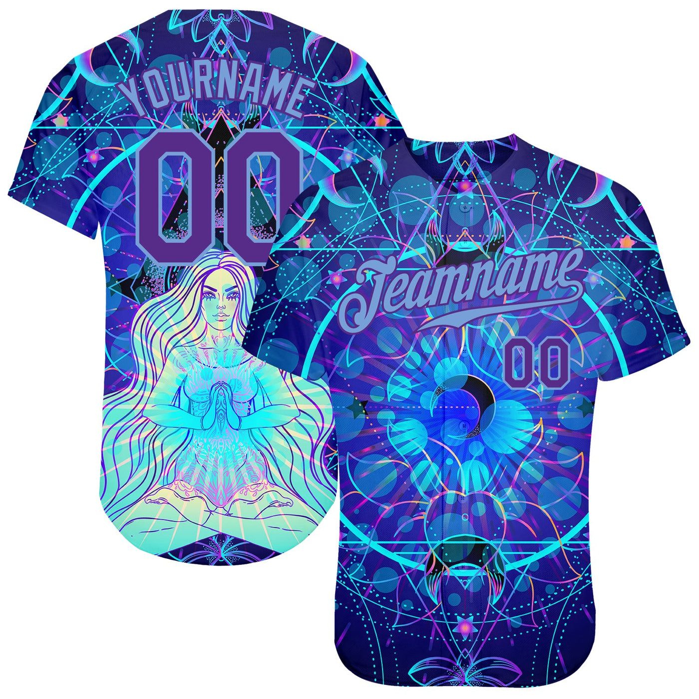 Custom 3D Pattern Design Magic Girl Sitting And Meditation In Lotus Position Over Geometry Psychedelic Hallucination Authentic Baseball Jersey - Owls Matrix LTD
