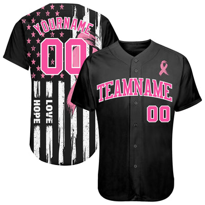 Custom 3D American Flag With Pink Ribbon Breast Cancer Awareness Month Women Health Care Support Authentic Baseball Jersey - Owls Matrix LTD