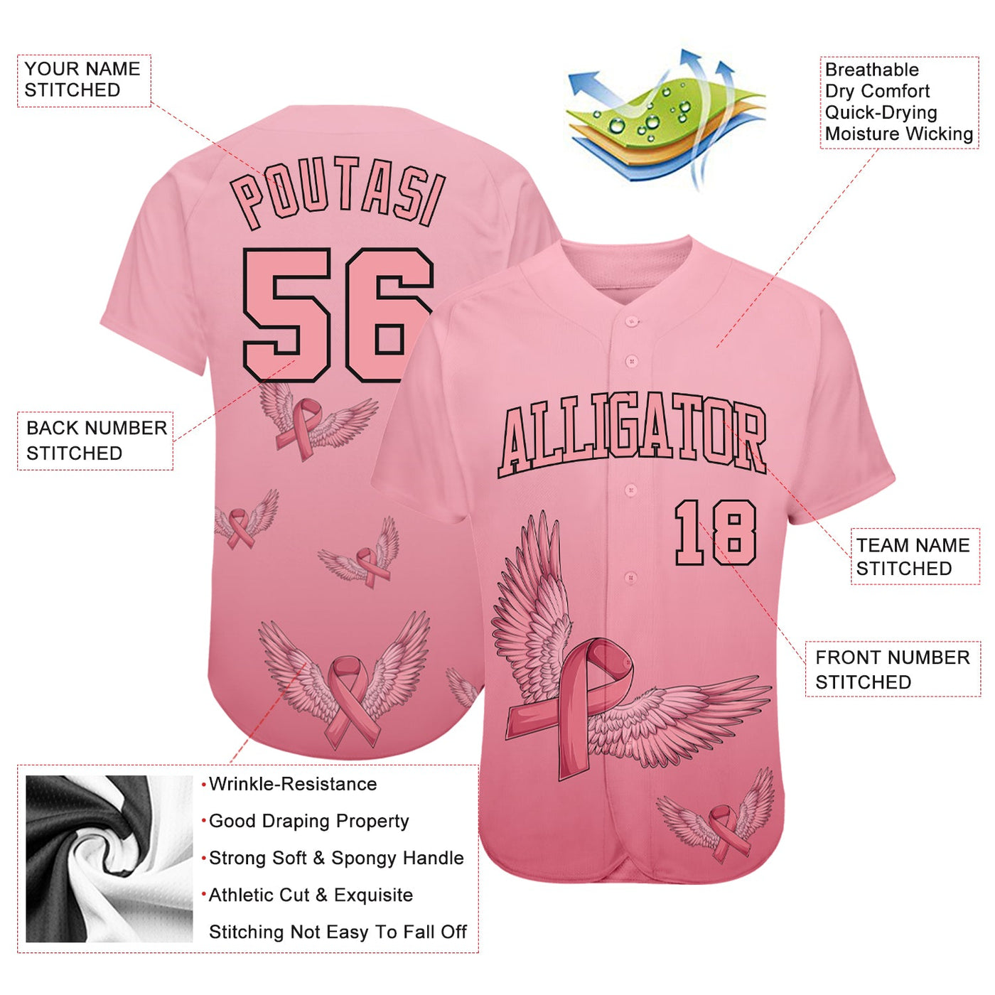 Custom 3D Pink Ribbon With Angel Wings Breast Cancer Awareness Month Women Health Care Support Authentic Baseball Jersey - Owls Matrix LTD