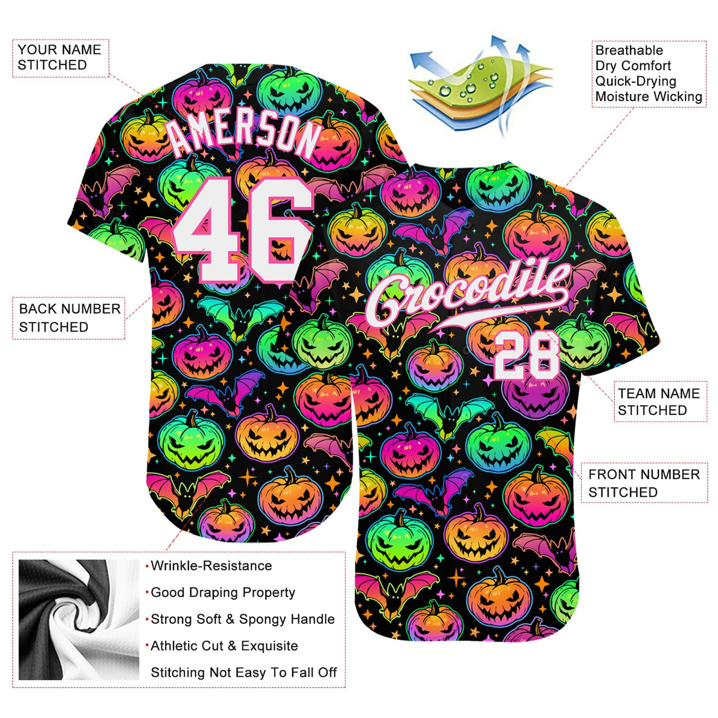 Custom 3D Pattern Bright Multicolored Halloween Pumpkins And Bats Authentic Baseball Jersey - Owls Matrix LTD