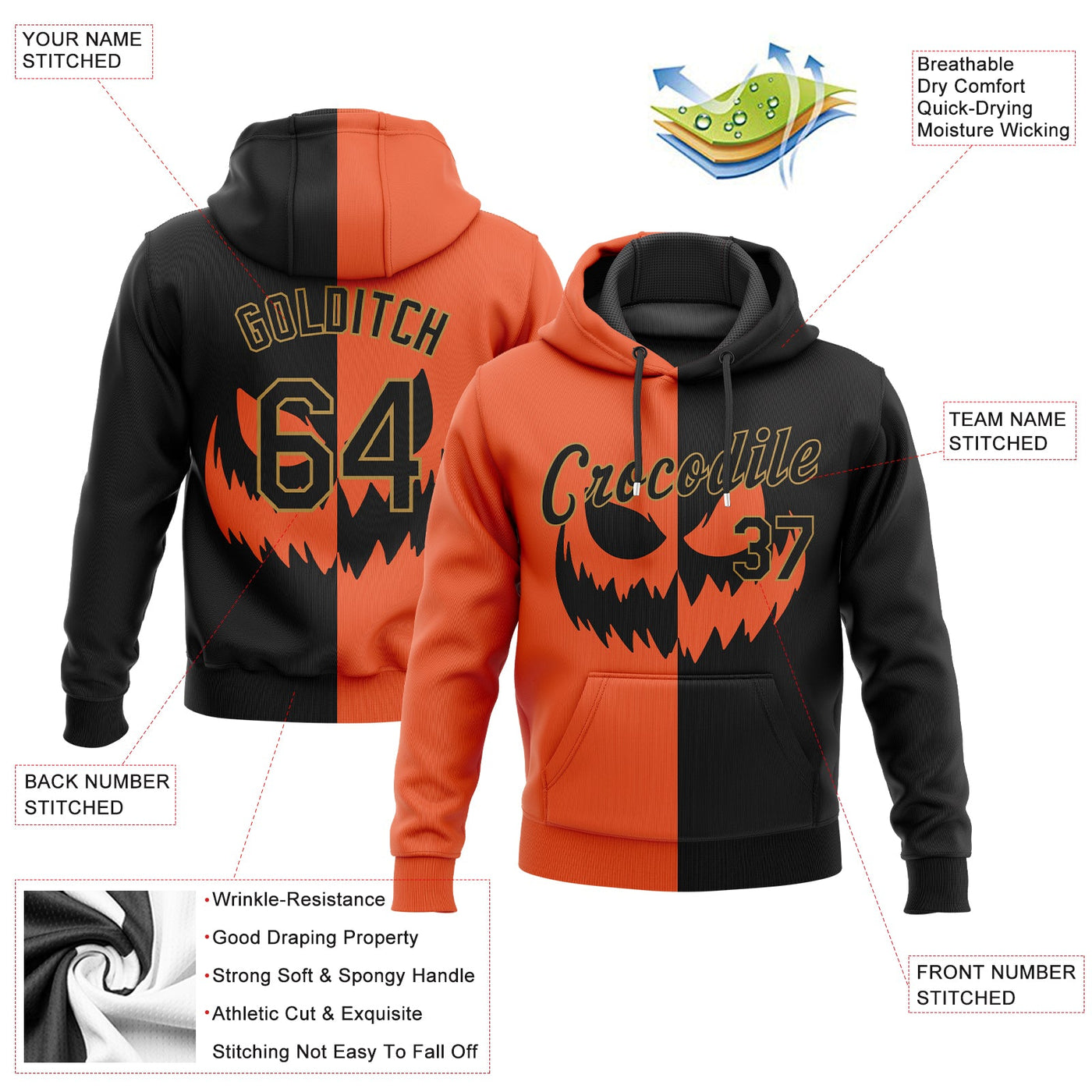 Custom Stitched Orange Black-Old Gold 3D Pattern Scary Faces Of Halloween Pumpkin Sports Pullover Sweatshirt Salute To Service Hoodie