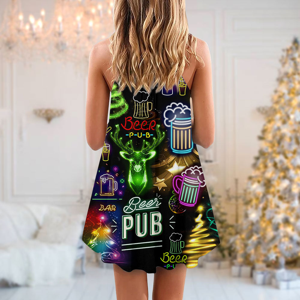 Beer Christmas Neon Art Drinking - V-neck Sleeveless Cami Dress - Owls Matrix LTD