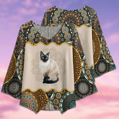 Cat Siamese Cat Mandala Art Style - V-neck T-shirt - Owls Matrix LTD
