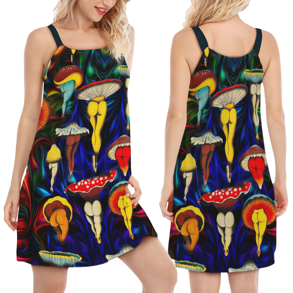 Hippie Mushroom Funny Style Love Life - Women's Sleeveless Cami Dress - Owls Matrix LTD