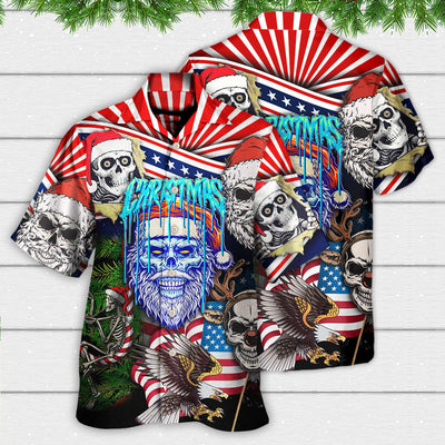 Skull Christmas US Flag Skeleton Horror Merry Christmas - Hawaiian Shirt - Owls Matrix LTD