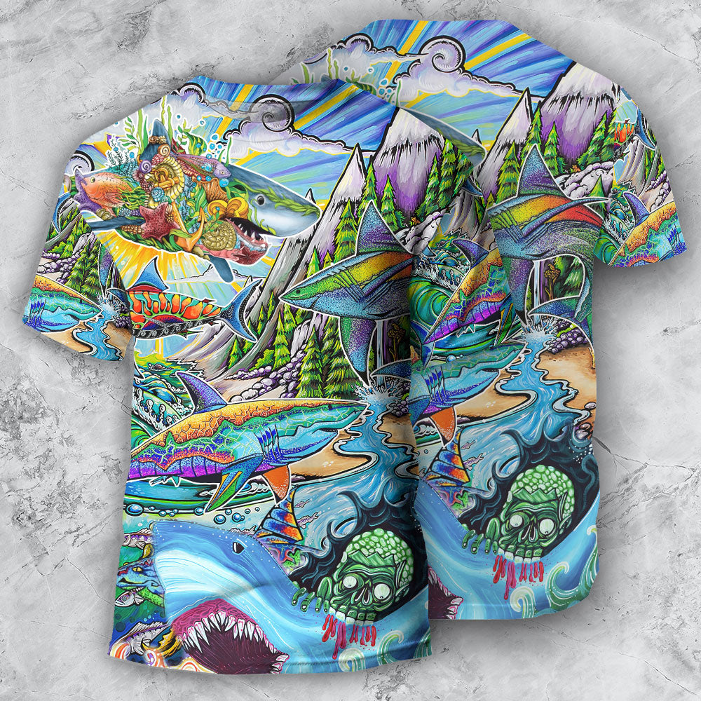 Shark Hippie Colorful Art Peace - Round Neck T-shirt - Owls Matrix LTD