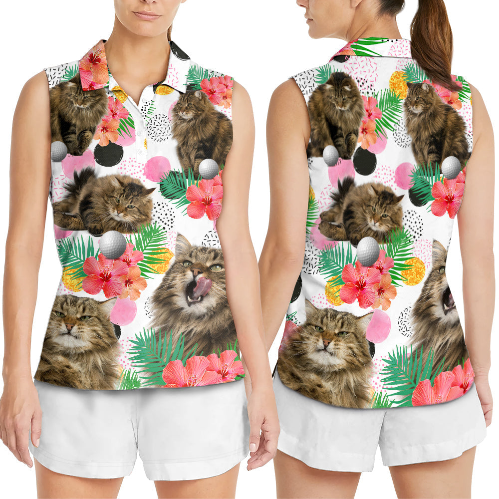 Cat Play Golf Tropical Flower Style - Women's Polo Shirt - Owls Matrix LTD