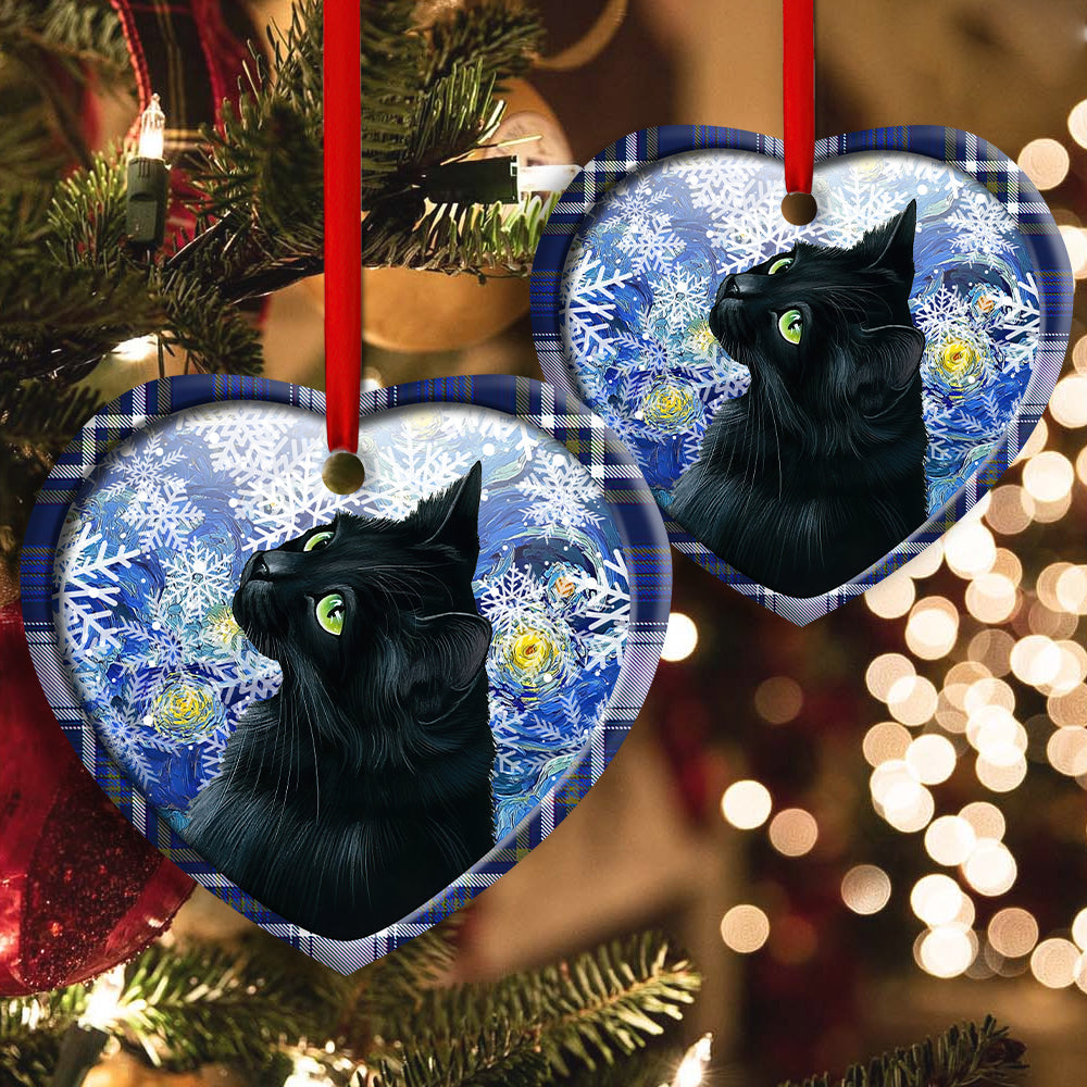 Christmas Black Cat Stary Snowy Night - Heart Ornament - Owls Matrix LTD