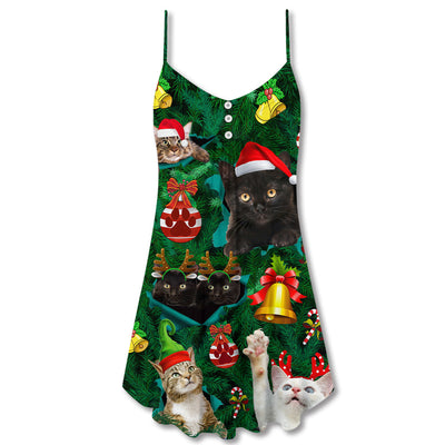 Christmas Cats Meowy Mas - V-neck Sleeveless Cami Dress - Owls Matrix LTD