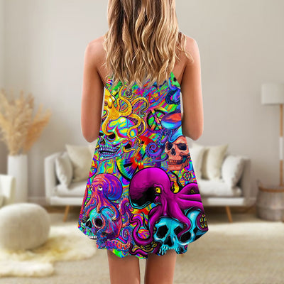 Hippie Skull Octopus Colorful Tie Dye - V-neck Sleeveless Cami Dress - Owls Matrix LTD