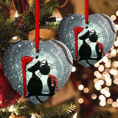 Christmas Cat Couple Lover With Moon - Heart Ornament - Owls Matrix LTD