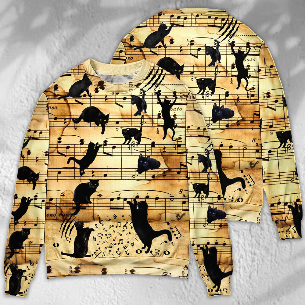 Black Cat Love Music Note - Sweater - Ugly Christmas Sweaters - Owls Matrix LTD