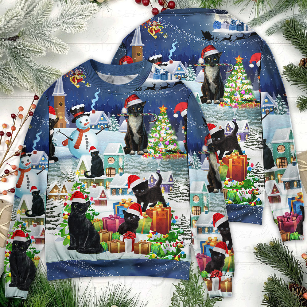 Christmas Black Cat Merry Catmas - Sweater - Ugly Christmas Sweaters - Owls Matrix LTD