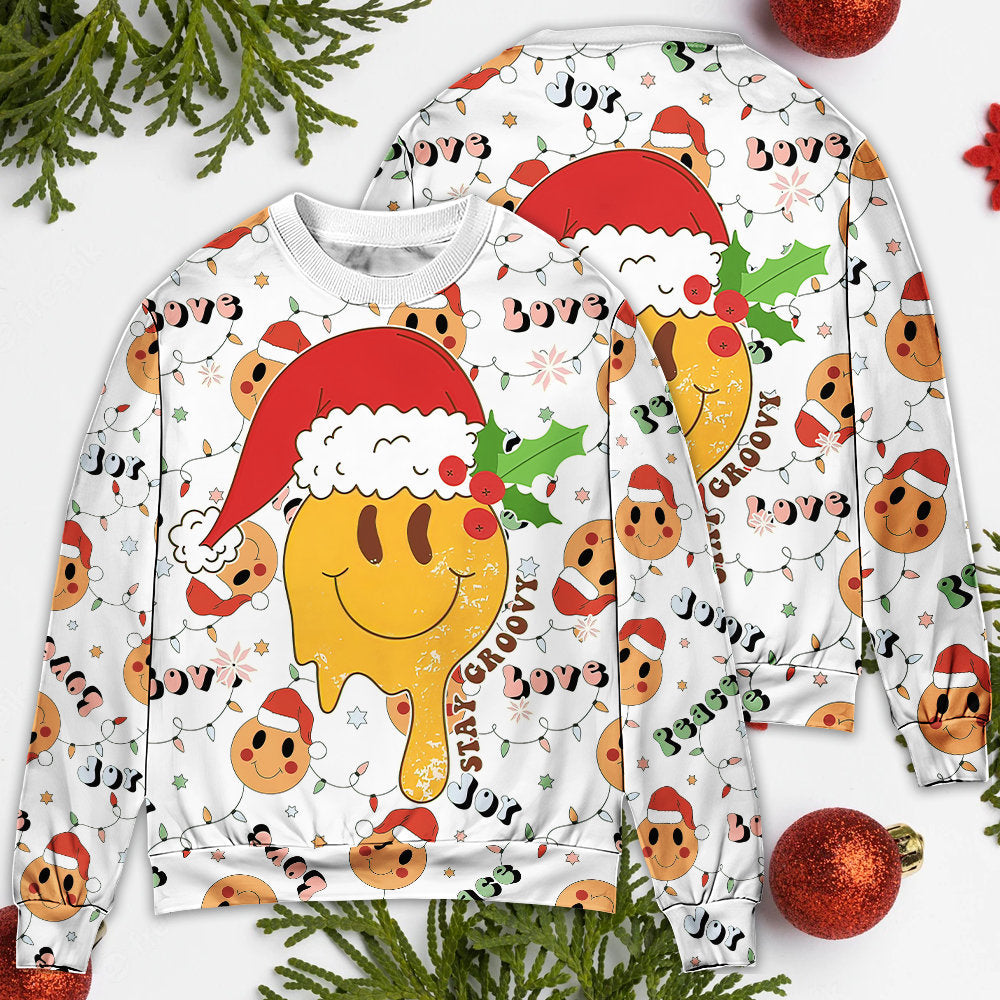 Christmas Hippie Groovy Santa Claus Smile Face - Sweater - Ugly Christmas Sweaters - Owls Matrix LTD