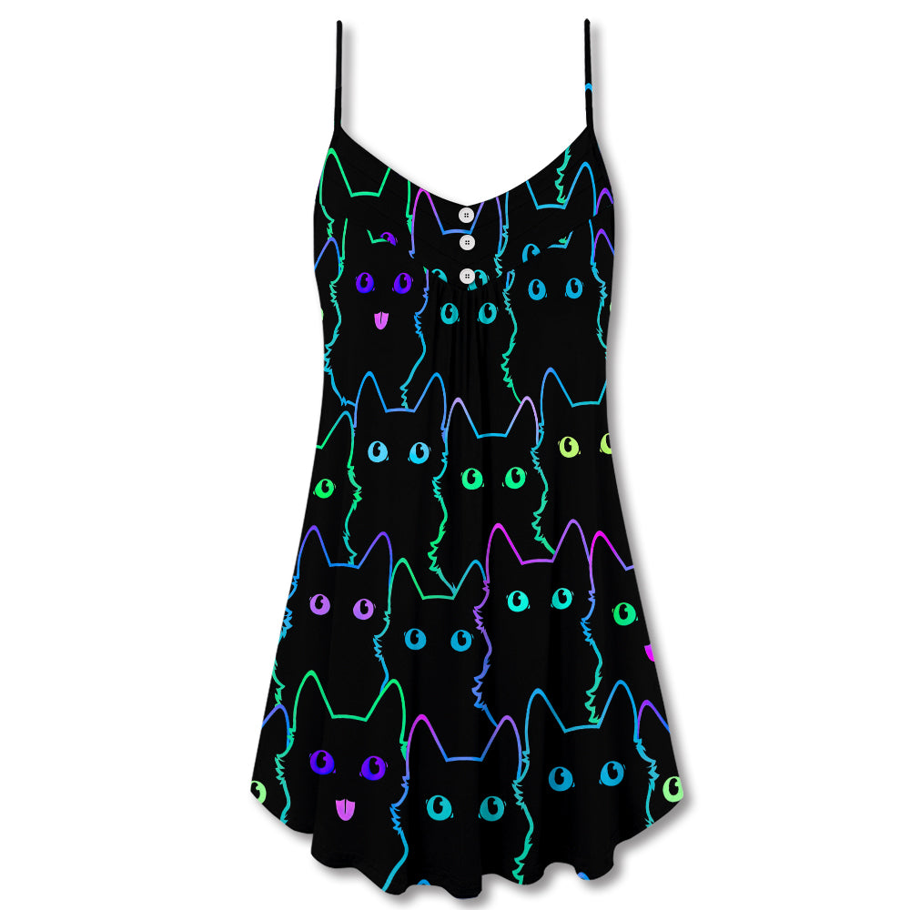 Cat Cute Little Kitten Neon - V-neck Sleeveless Cami Dress - Owls Matrix LTD