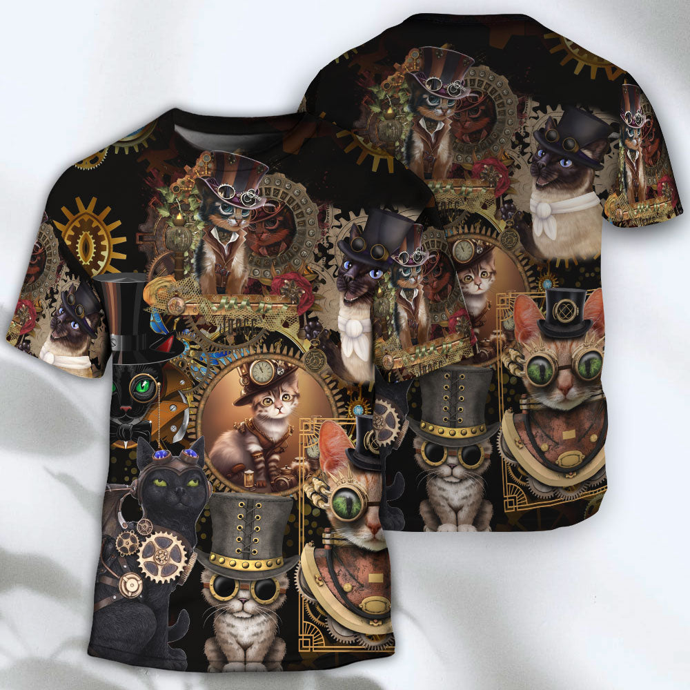 Cat Steampunk Art Keep Calm And Steampunk - Round Neck T-shirt - Owls Matrix LTD
