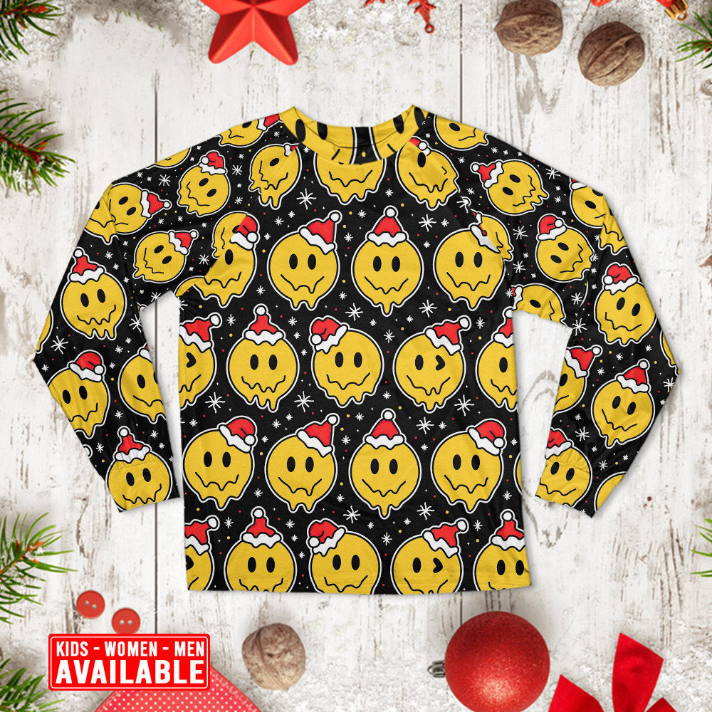 Christmas Smile Happy Face With Santa Hat - Pajamas Long Sleeve - Owls Matrix LTD