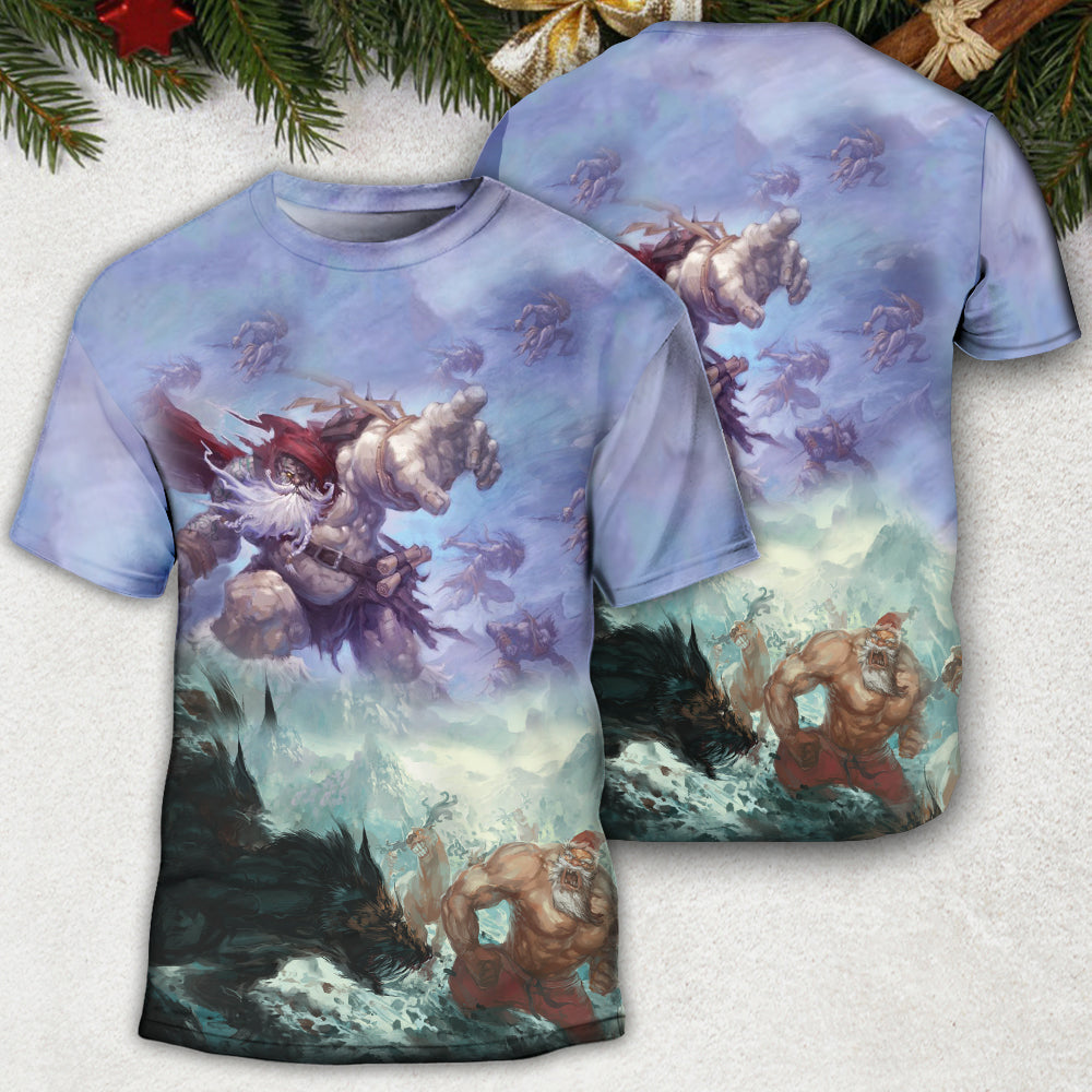 Christmas Santa Dark World Battle - Round Neck T-shirt - Owls Matrix LTD