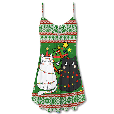 Christmas Meowy Cat Wreck The Tree - V-neck Sleeveless Cami Dress - Owls Matrix LTD