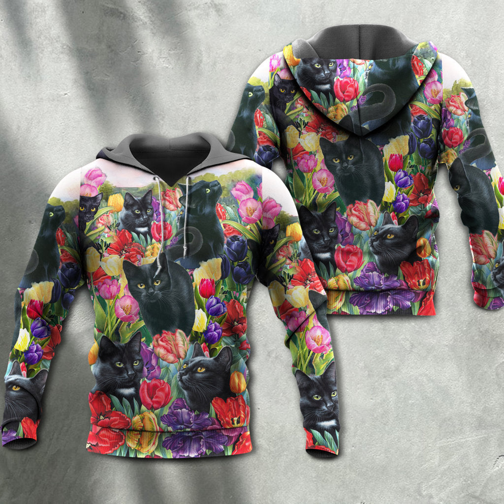 Black Cat Love Flowers Colorful - Hoodie - Owls Matrix LTD