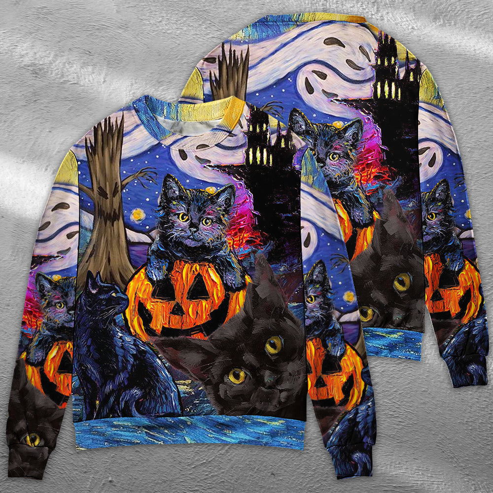Halloween Black Cat Starry Night Funny Cat Painting Art Style - Sweater - Ugly Christmas Sweaters - Owls Matrix LTD