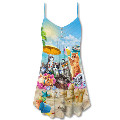 Cat Happy Love Beach Sunshine - V-neck Sleeveless Cami Dress - Owls Matrix LTD