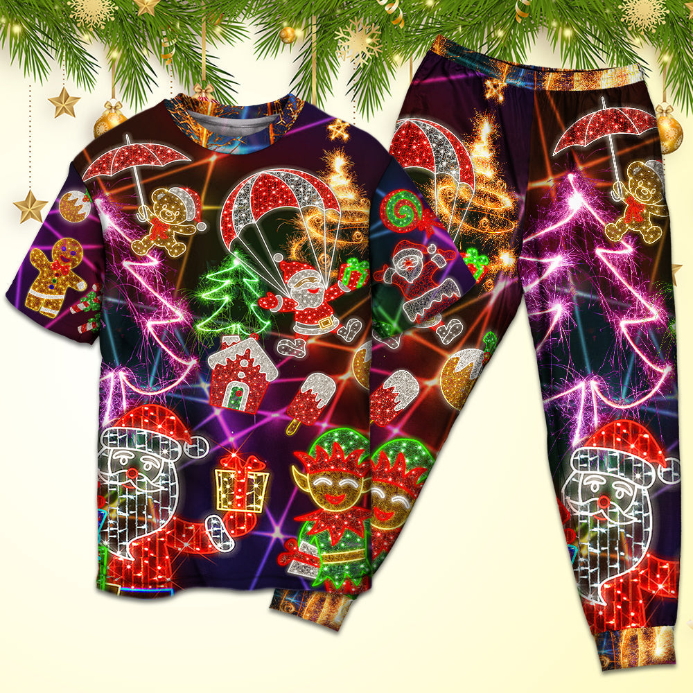 Christmas Funny Santa Claus Tree Elf Gingerbread Neon Light Style - Pajamas Short Sleeve - Owls Matrix LTD