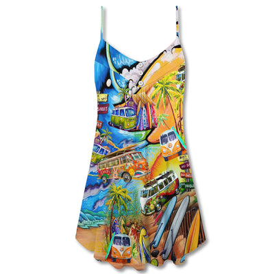 Hippie Bus Love Beach Summer - V-neck Sleeveless Cami Dress - Owls Matrix LTD