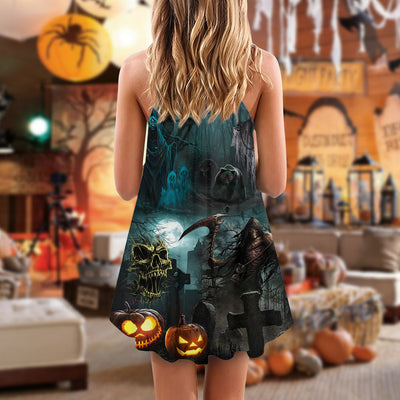 Halloween Ghost In The Dark Pumpkin Scary - V-neck Sleeveless Cami Dress - Owls Matrix LTD