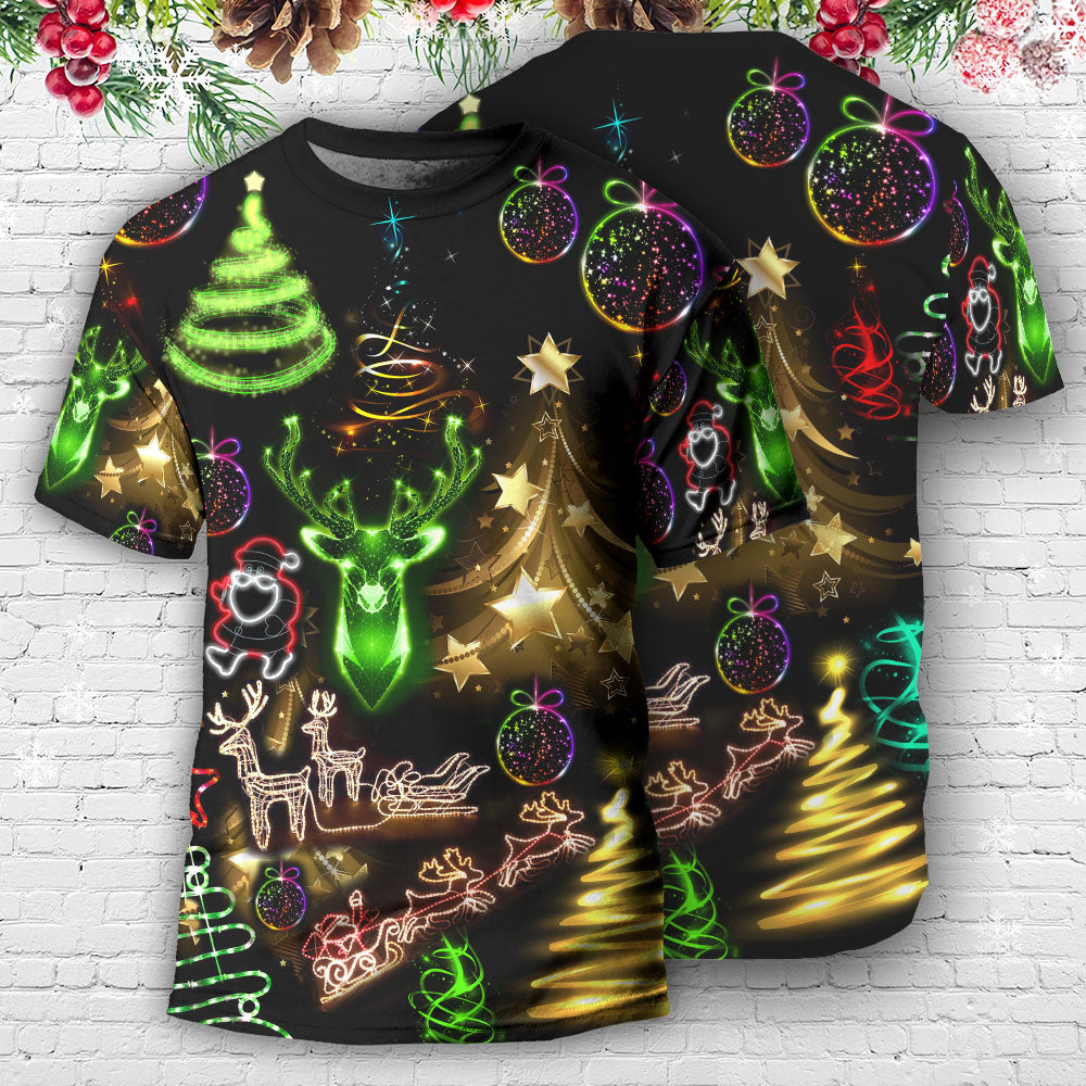 Christmas Neon Art Christmas Tree And Snowman Cool - Round Neck T-shirt - Owls Matrix LTD