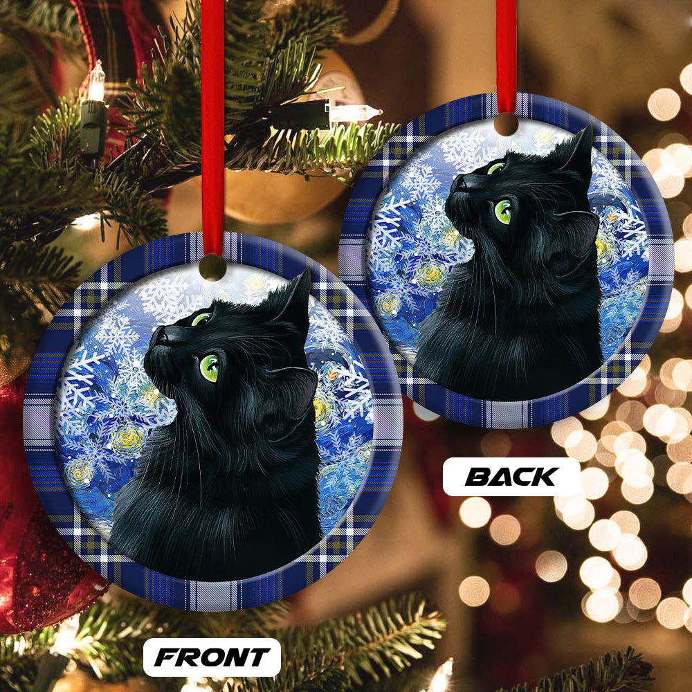 Christmas Black Cat Stary Snowy Night - Circle Ornament - Owls Matrix LTD