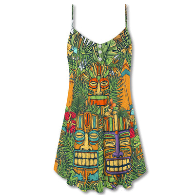 Tiki Mask Tropical Hawaii Sur Board And Palm Leaves - V-neck Sleeveless Cami Dress - Owls Matrix LTD