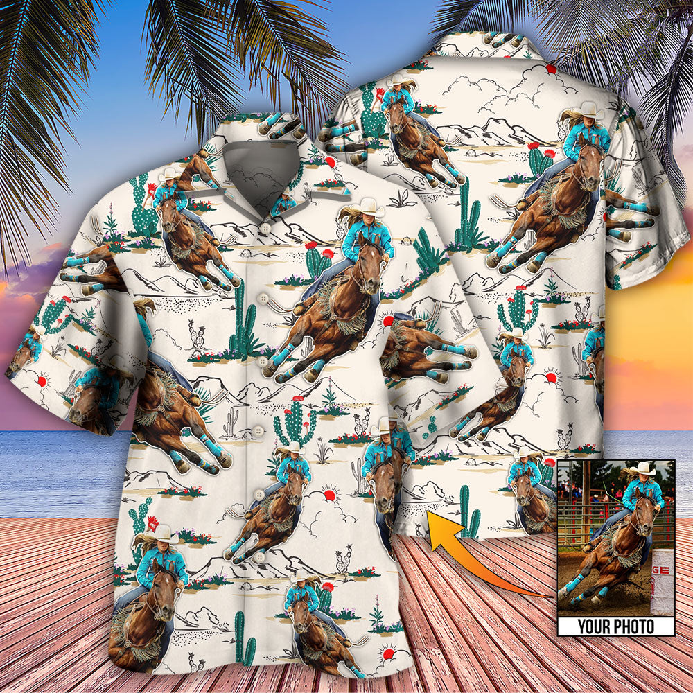 Cowboy Barrel Racing Tropical Desert Custom Photo - Hawaiian Shirt - Owls Matrix LTD