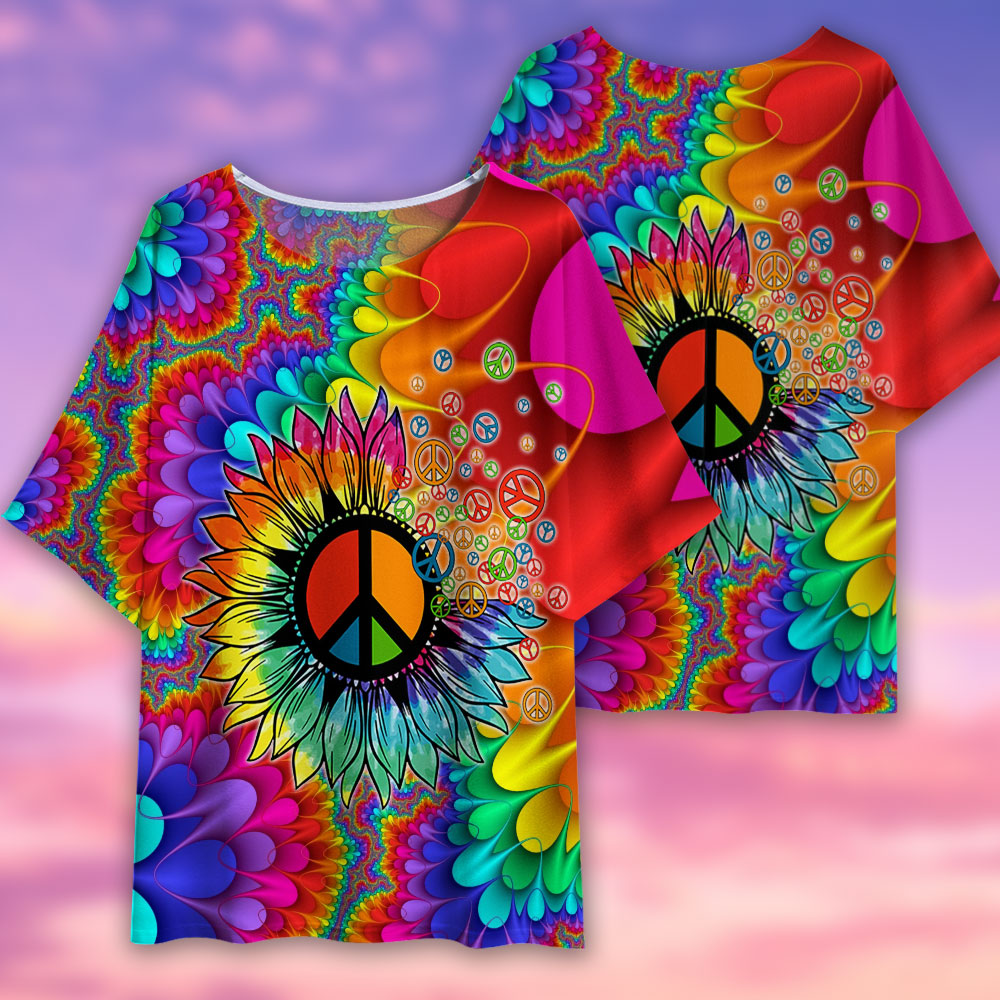 Hippie Peace Sunflower Art - Women's T-shirt With Bat Sleeve - Owls Matrix LTD