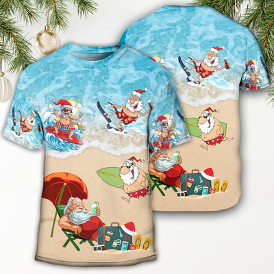 Christmas Santa Play On Beach - Round Neck T-shirt - Owls Matrix LTD