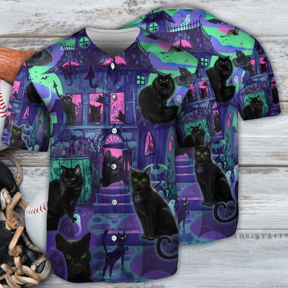 Black Cat In A Haunted House - Baseball Jersey - Owls Matrix LTD
