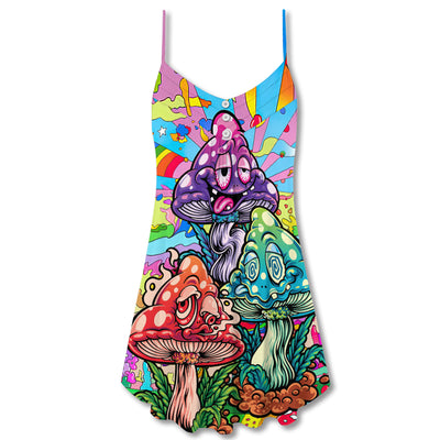 Hippie Mushroom Colorful Hippie Happy Life - V-neck Sleeveless Cami Dress - Owls Matrix LTD