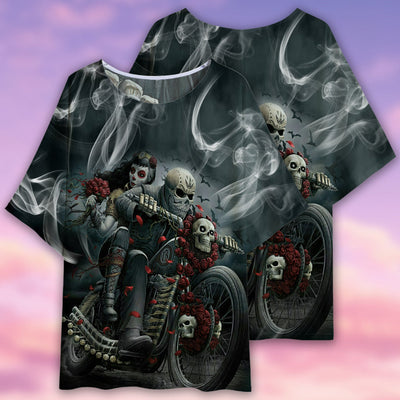 Sugar Skull Ride Couple Dark Smoke - Women's T-shirt With Bat Sleeve - Owls Matrix LTD