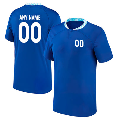 Custom White Wave Line Pattern And Blue - Soccer Uniform Jersey