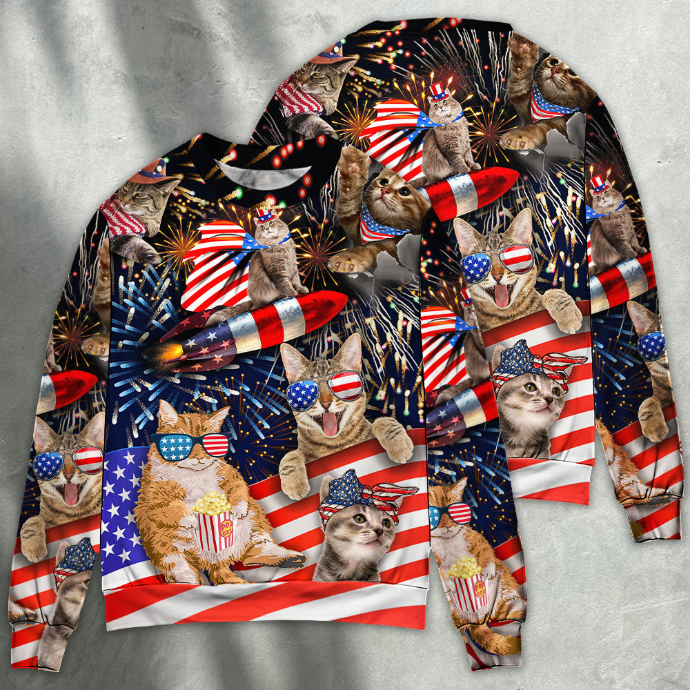 Cat Independence Day Happy Firework - Sweater - Ugly Christmas Sweaters - Owls Matrix LTD