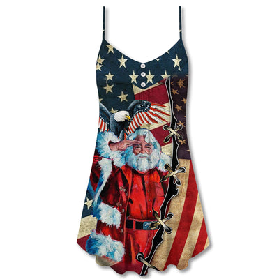Christmas Patriot Santa Claus - V-neck Sleeveless Cami Dress - Owls Matrix LTD